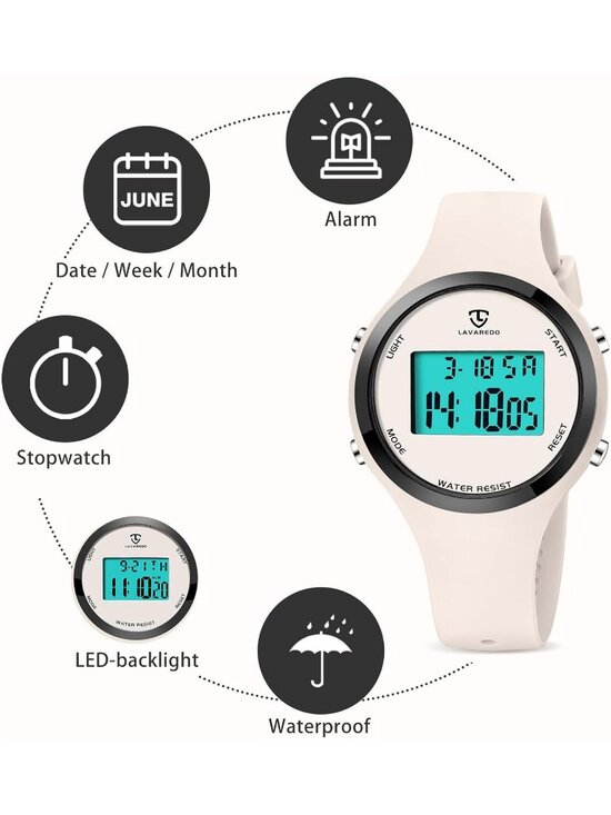 Women\'s All Off White Quartz Chronograph Waterproof Outdoor Sport Digital Watch